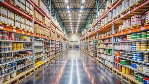 Fototapeta Blurred interior of a large American hardware store with rows of paint cans, stains, and building materials on shelves, stretching into the distance.
