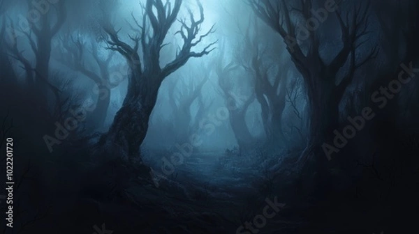 Fototapeta Dark forest with fog. Halloween theme background.