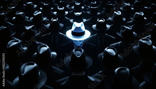 Obraz Individual in Bright White Hat Standing Out Among Dark Clad Crowd white rose hacker
