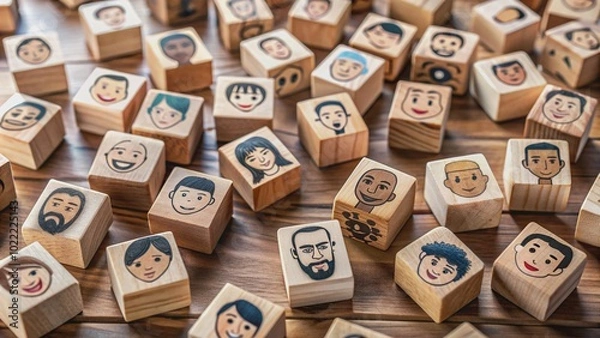 Obraz Diverse wooden blocks with faces and names scattered on a tabletop, some face down or hidden, illustrating biased representation and marginalization in society.