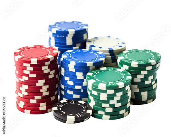Obraz Colorful casino poker chips stacked on a white isolated background.