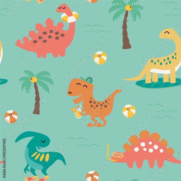 Fototapeta Dinosaurs at sea seamless pattern. Cute cartoon Dinos with lifebuoy, surfboard, fins, palm, ball, ice cream, and lemonade in flat style.