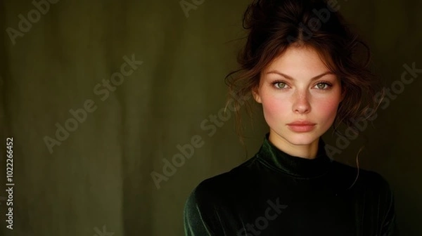 Fototapeta ファッション誌の編集用に、ダークグリーンのベルベットを着た自信に満ちた女性のエレガントなポートレート