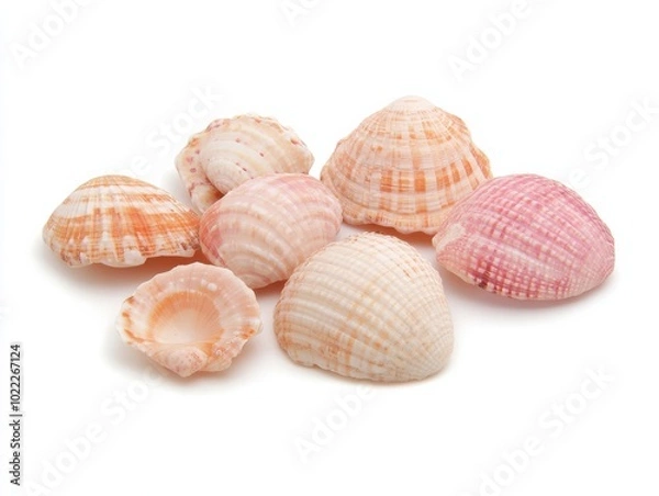 Fototapeta 海岸の装飾やデザインのための、白地にカラフルな貝殻