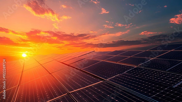 Fototapeta A photorealistic image of solar panels against in the sunset view background 