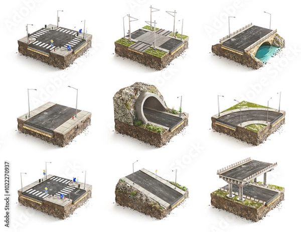 Fototapeta pieces of road. Can see road structure. 3d illustration	