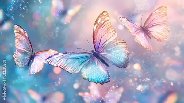 Fototapeta Digital technology colorful holographic butterfly group poster background