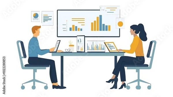 Fototapeta Two Businesspeople Working Together at a Desk with Data Charts and Graphs