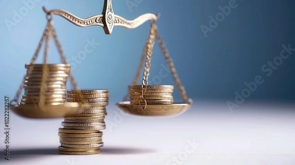 Fototapeta Golden Balance Scale with Coin Stacks   Financial Equilibrium Concept