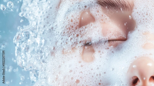 Obraz A serene close up of persons face submerged in bubbles, capturing moment of tranquility and relaxation. soft foam envelops skin, creating soothing atmosphere