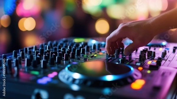 Fototapeta A DJ mixing music at a vibrant event, showcasing the mixing equipment and colorful lights in the background.