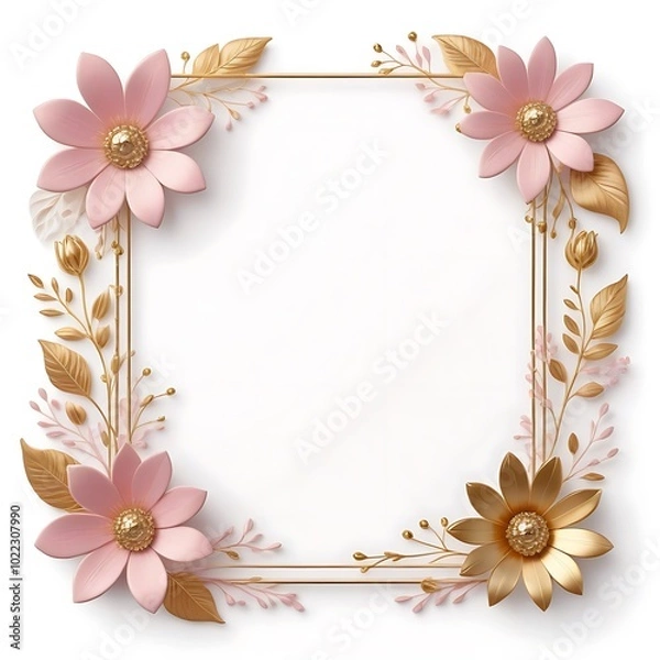 Fototapeta Elegant floral frame, 3D paper craft, pink and gold flowers