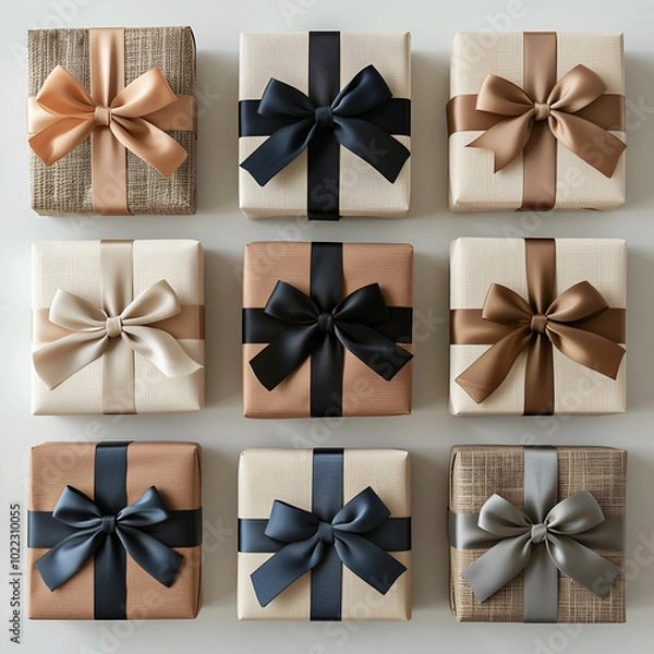 Fototapeta  set of gift boxes with different colors and textures, arranged in rows on a white background. The boxes have various types of ribbons tied around them