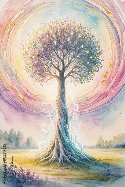 Fototapeta A mysterious towering tree with pastel colors