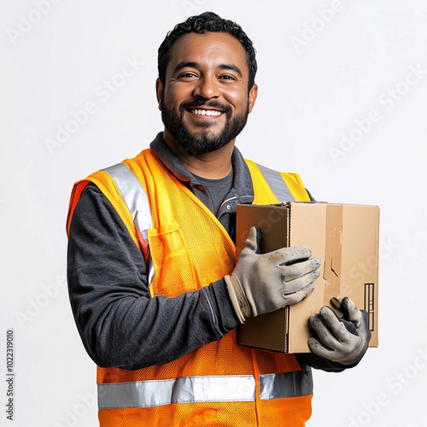 Fototapeta Warehouse worker holding box and smiling on white background