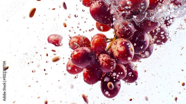 Fototapeta Washing red grapes. A bunch of grapes flies through the air in drops of water on a white background. The grapes float in the water, creating a beautiful and refreshing picture