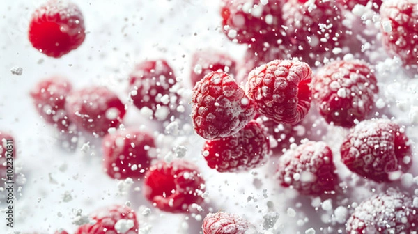 Obraz A handful of raspberries in powdered sugar. Close-up of a bunch of raspberries covered with white powder. Raspberries are scattered all over the image. A delicious snack. A natural organic product