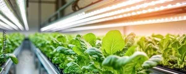 Fototapeta Vibrant green lettuce grows under bright artificial lights in a modern indoor farm, showcasing advanced agricultural technology.