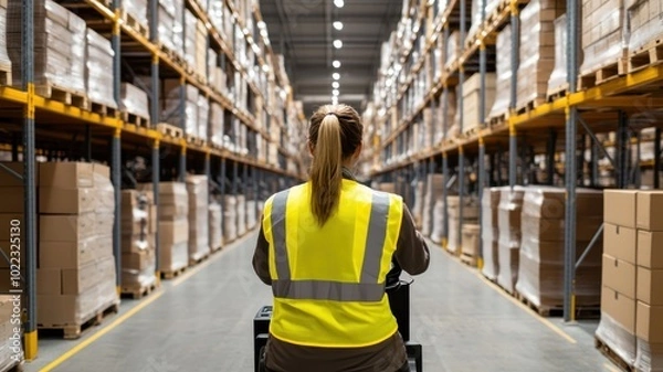 Fototapeta Warehouse worker transporting goods in a large storage facility, showcasing efficiency in a well-organized environment.