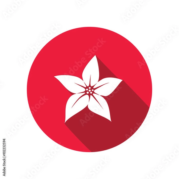 Fototapeta Orchid flower icons. Floral symbol. Round white sign on red flat button with long shadow. Vector