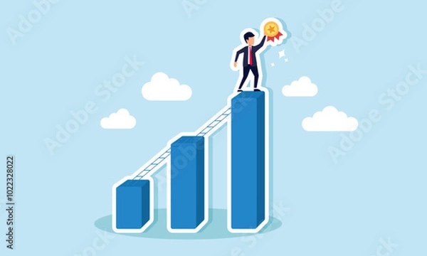 Fototapeta A businessman stands at the peak of a graph holding an award medal, illustrating the struggle of entrepreneurs to achieve top recognition in their field