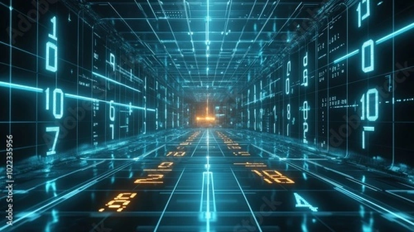 Fototapeta Futuristic digital corridor with glowing numbers.