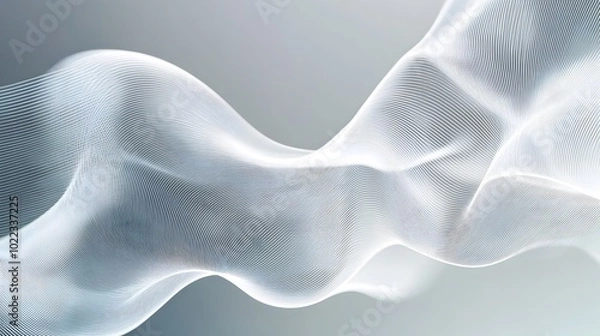Fototapeta Minimalist abstract background with thin white flowing lines creating a wave pattern over a subtle gradient of light gray and white forming a clean and futuristic digital artwork design