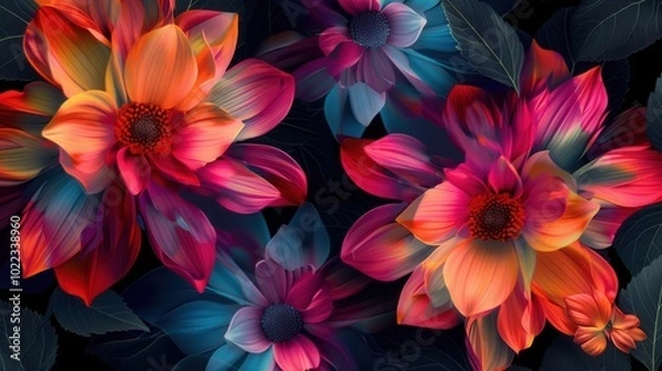 Fototapeta The bright, large flowers against deep green leaves on a black background create a bold visual impact. Generative AI