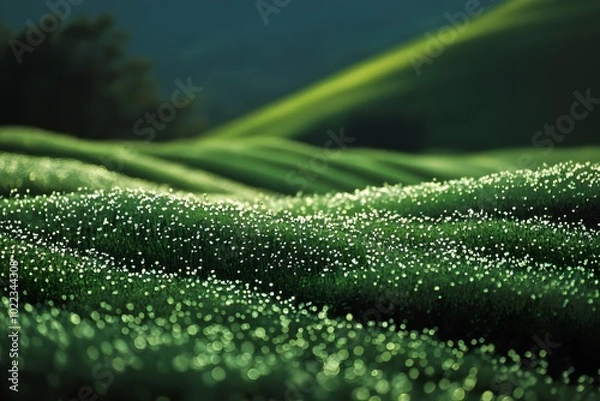 Fototapeta Dew-Covered Green Grass with White Flowers and Bokeh