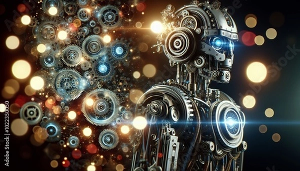 Fototapeta An intricate mechanical being bathed in a constellation of soft lights, embodying the fusion of technology and artistry.
