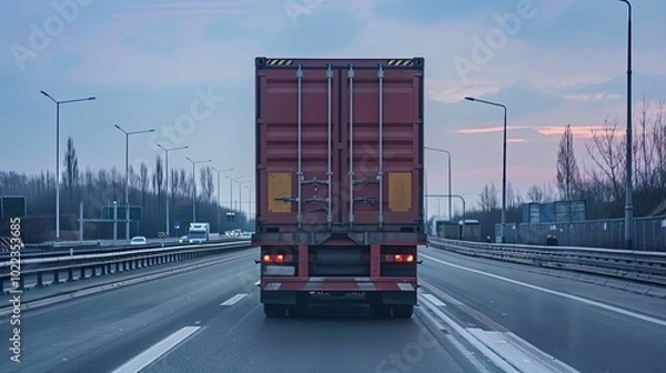 Obraz Red Shipping Container on Semi-Truck Driving on Highway at Dusk