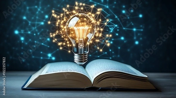 Obraz A open textbook lying on a desk with a glowing light bulb hovering above it, symbolizing the concept of new ideas and creativity. The 3D illustration features a realistic texture and lighting effects.