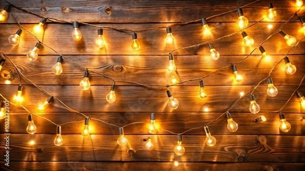 Fototapeta Glowing String Lights Adorn Rustic Wooden Plank Background