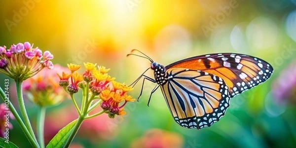 Fototapeta A Vibrant Butterfly with Intricate Wing Patterns Feeding on a Cluster of Delicate Yellow Flowers in a Softly Lit Garden Setting
