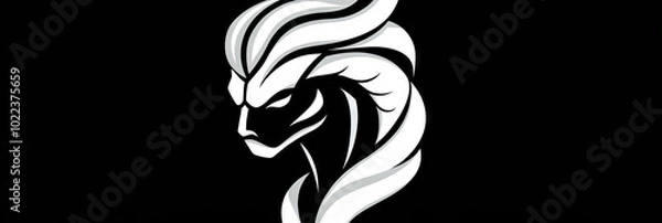 Fototapeta A black and white illustration of a creature with horns, a stylized design.
