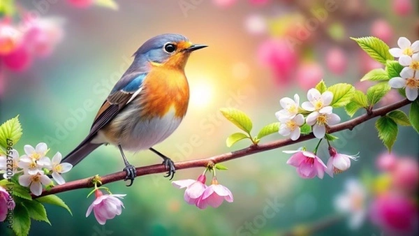 Fototapeta A Vibrant Bird Perched on a Branch Adorned with Delicate Blossoms in a Springtime Garden