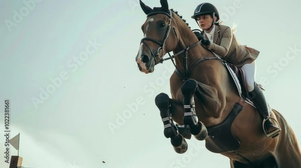 Obraz A woman in riding gear jumps over a fence on a brown horse. AI generative. .