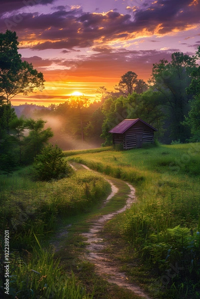 Fototapeta Solitude in Nature: Unveiling the Untouched Beauty of an Isolated Landscape beneath a Painted Sky