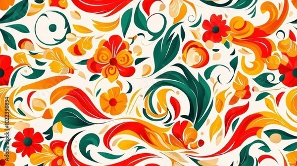 Fototapeta A vibrant floral pattern featuring swirling shapes in red, orange, green, and yellow on a white background.