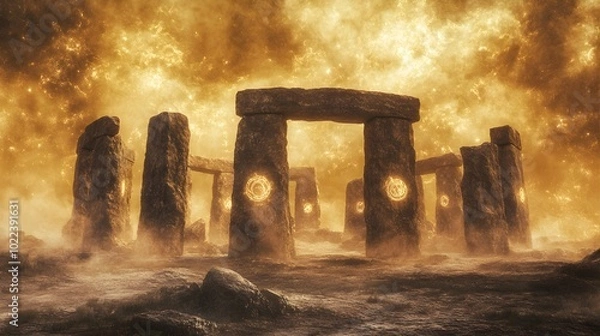 Fototapeta Island stone circle beneath swirling mists, enchanted symbols glowing faintly, steampunk, sketch, sepia tones, intricate linework, wide frame