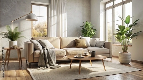 Fototapeta Cozy Minimalist Living Room with Plush Sofa and Inviting Ambiance