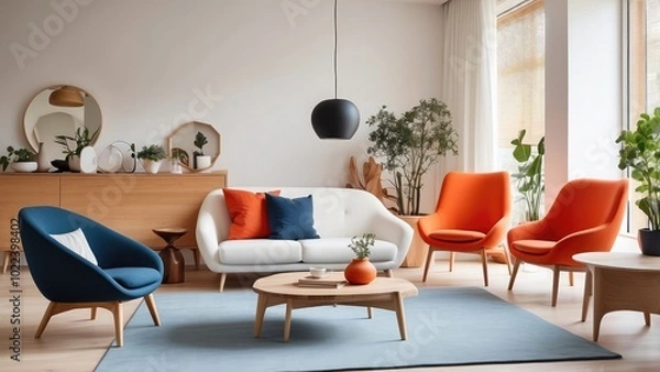 Obraz Cozy Scandinavian interior with a white sofa, bold orange and blue armchairs, complemented by a minimalist wooden