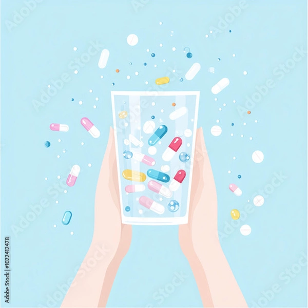 Fototapeta hand holding a glass filled with colorful pills, symbolizing over-medication, dependency, or health concerns. The image evokes themes of addiction, mental health, or pharmaceutical issues.