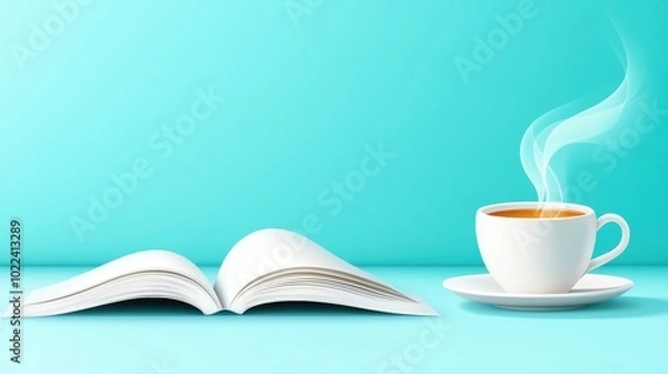 Fototapeta A cozy scene featuring an open book and a steaming cup of tea, perfect for relaxing moments and enjoying literature.