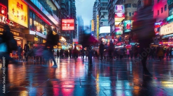 Fototapeta Blurred Crowd Walking on Wet Pavement with Neon Signs Reflecting in Puddles