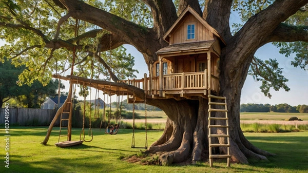 Obraz A charming wooden treehouse nestled in a large tree with a swing attached. Surrounded by lush green grass, it evokes a peaceful, playful atmosphere in a natural outdoor setting...