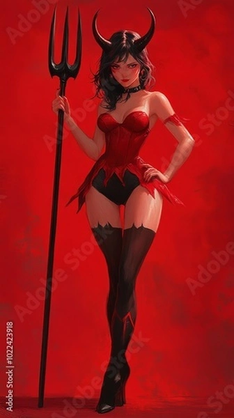 Obraz Mischievous Devil Girl Holding a Trident