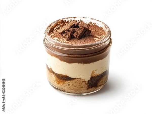 Obraz A single serving of tiramisu in a glass jar, with layers of cream, coffeesoaked biscuits, and cocoa dusting Isolated on a white background with copy space for product or text
