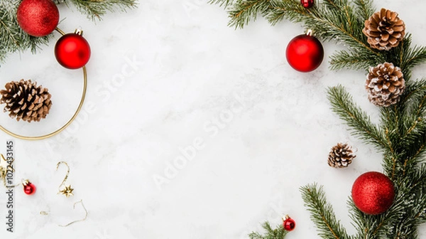 Fototapeta A beautiful holiday wreath adorned with pinecones and red berries for festive decorations