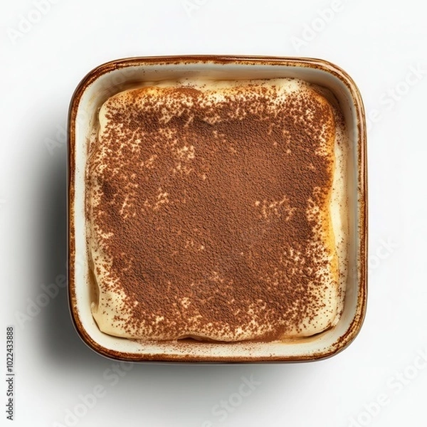 Obraz A topdown view of a classic tiramisu in a ceramic baking dish Light brown cocoa dusting on top contrasts with the creamy layers below Isolated on a white background, room for text